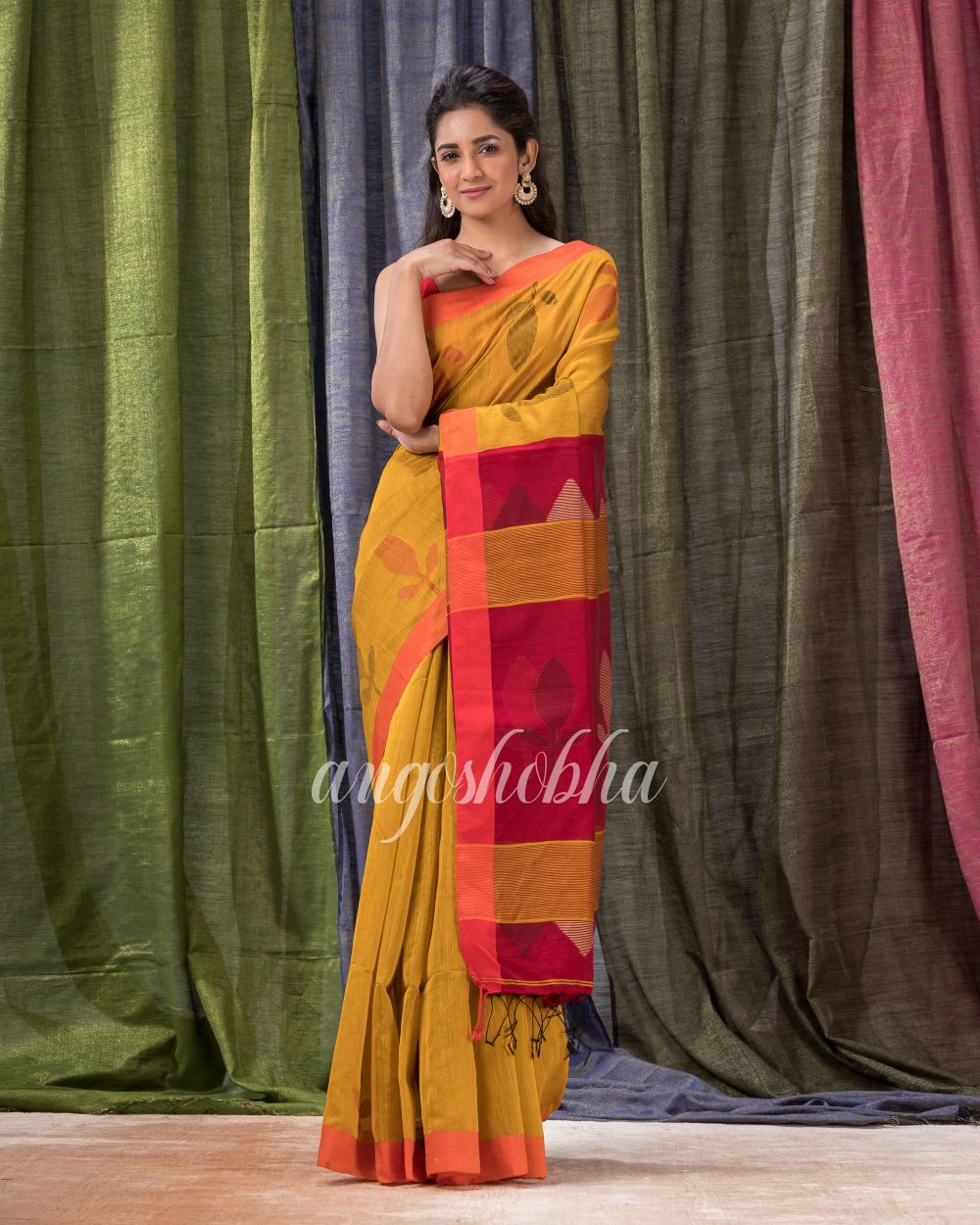 Golden Yellow Cotton Blend Traditional Jamdani Saree angoshobha