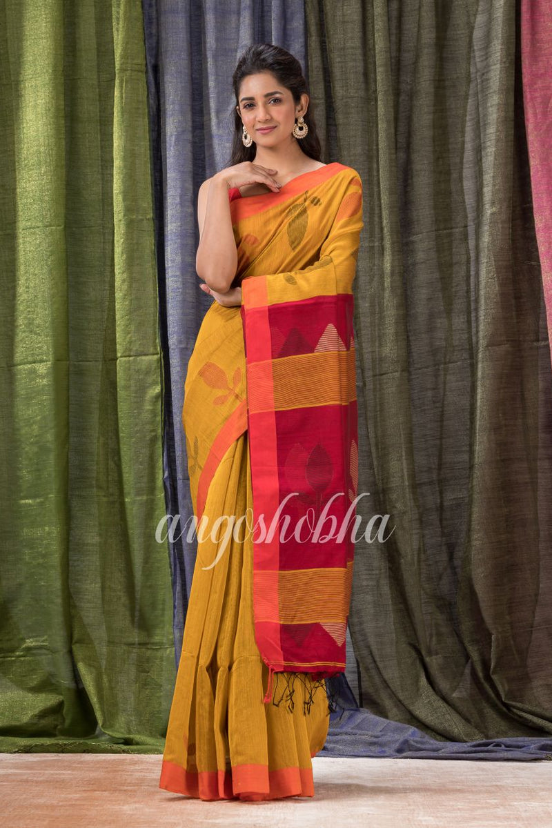 Golden Yellow Cotton Blend Traditional Jamdani Saree