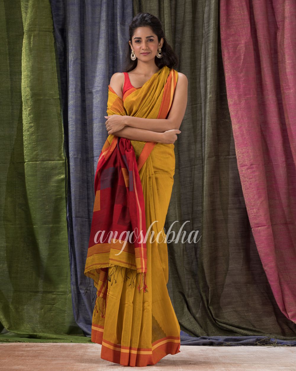 Golden Yellow Cotton Blend Traditional Jamdani Saree angoshobha