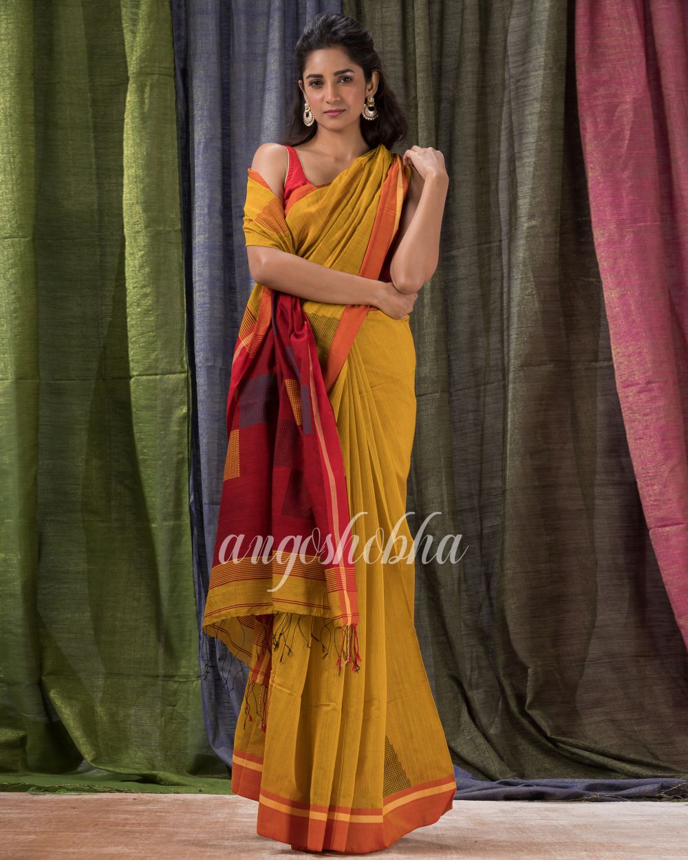 Golden Yellow Cotton Blend Traditional Jamdani Saree angoshobha