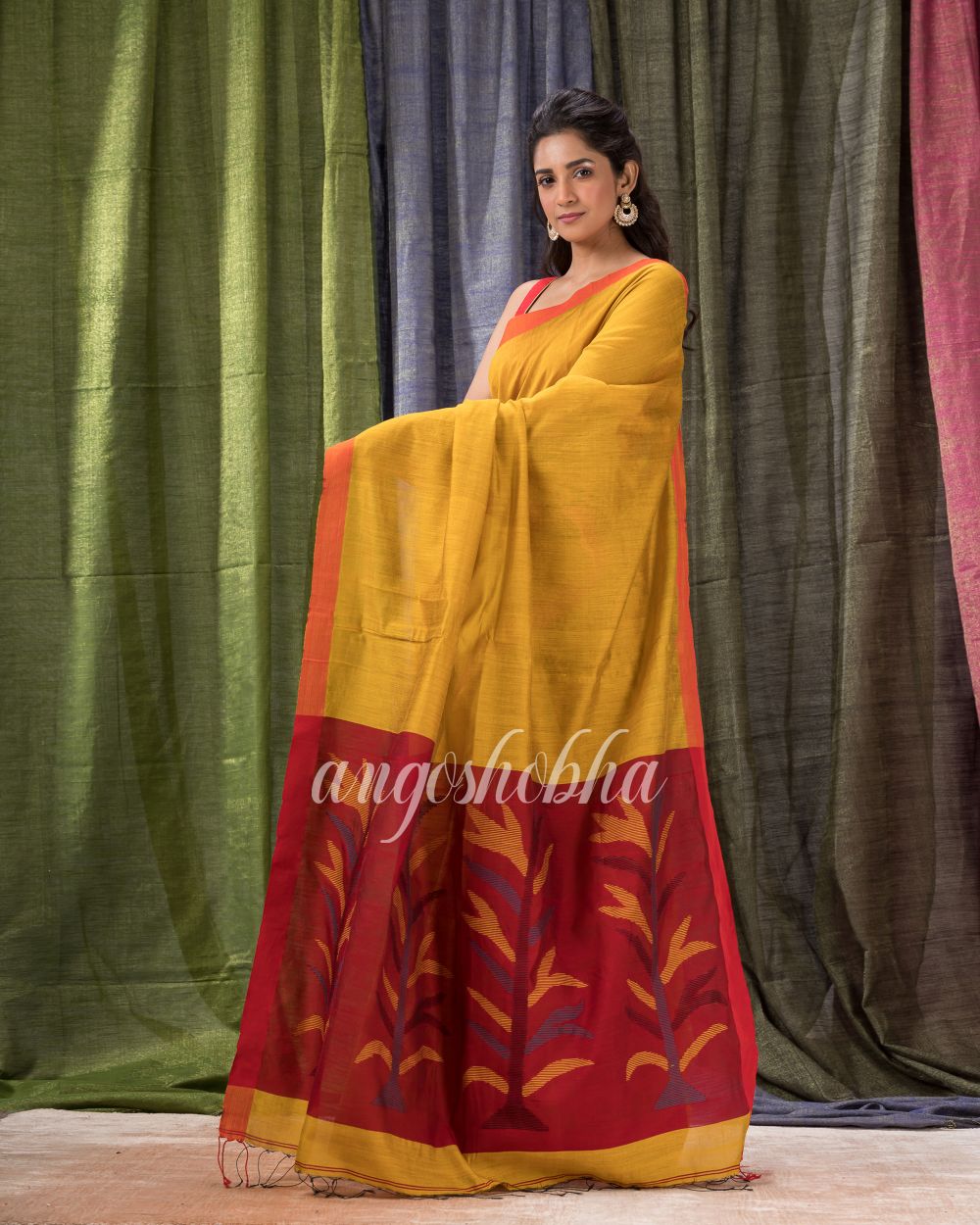 Golden Yellow Cotton Blend Traditional Jamdani Saree angoshobha