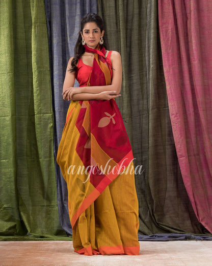 Golden Yellow Cotton Blend Traditional Jamdani Saree angoshobha