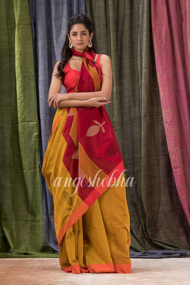 Golden Yellow Cotton Blend Traditional Jamdani Saree
