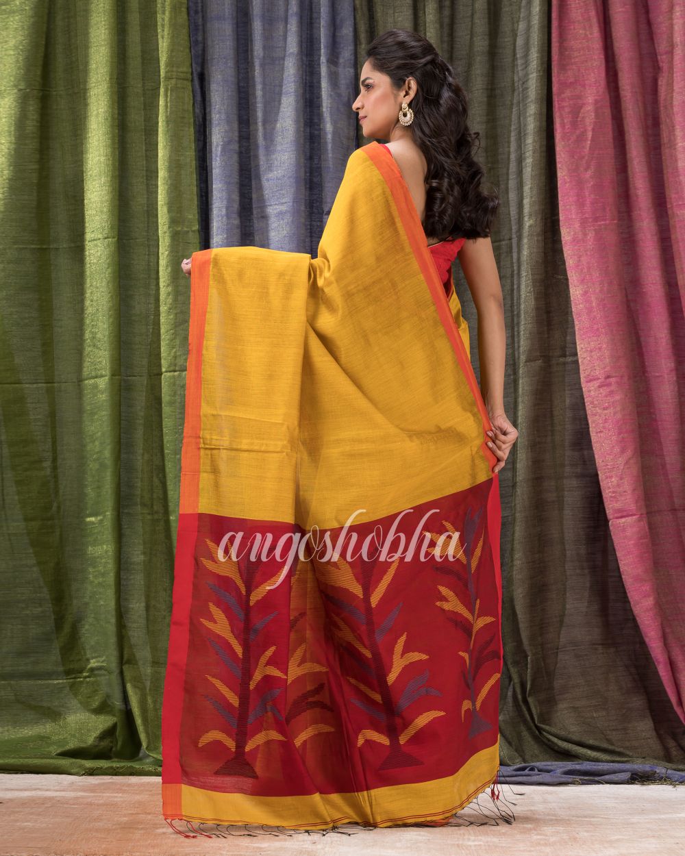 Golden Yellow Cotton Blend Traditional Jamdani Saree angoshobha
