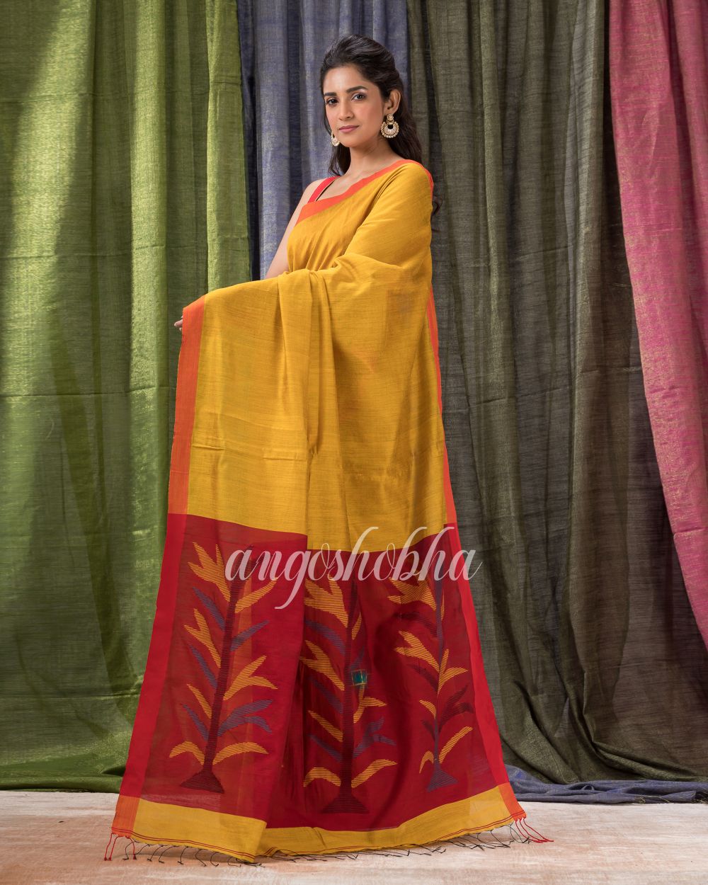 Golden Yellow Cotton Blend Traditional Jamdani Saree angoshobha