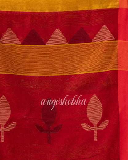 Golden Yellow Cotton Blend Traditional Jamdani Saree angoshobha