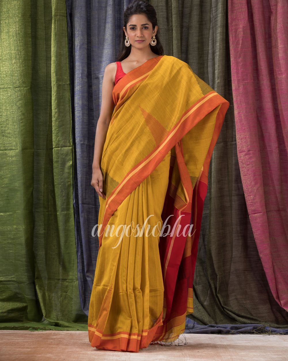 Golden Yellow Cotton Blend Traditional Jamdani Saree angoshobha