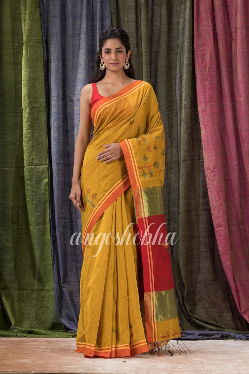 Golden Yellow Cotton Blend Traditional Jamdani Saree