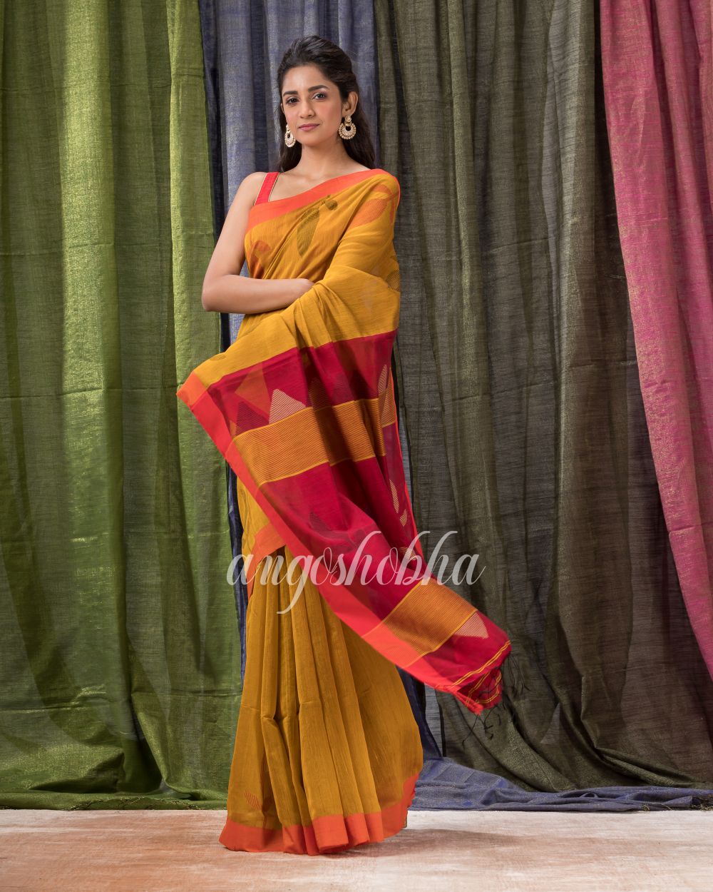 Golden Yellow Cotton Blend Traditional Jamdani Saree angoshobha