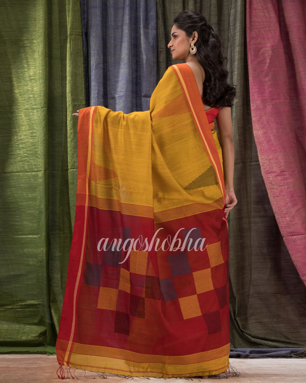 Golden Yellow Cotton Blend Traditional Jamdani Saree angoshobha