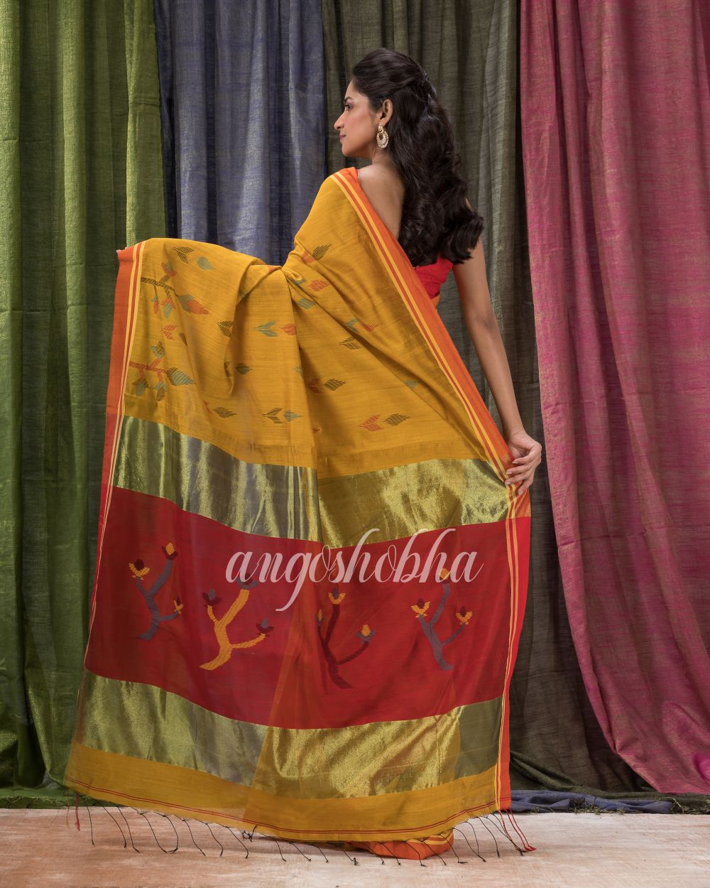 Golden Yellow Cotton Blend Traditional Jamdani Saree angoshobha