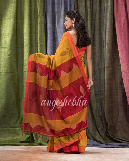 Golden Yellow Cotton Blend Traditional Jamdani Saree angoshobha