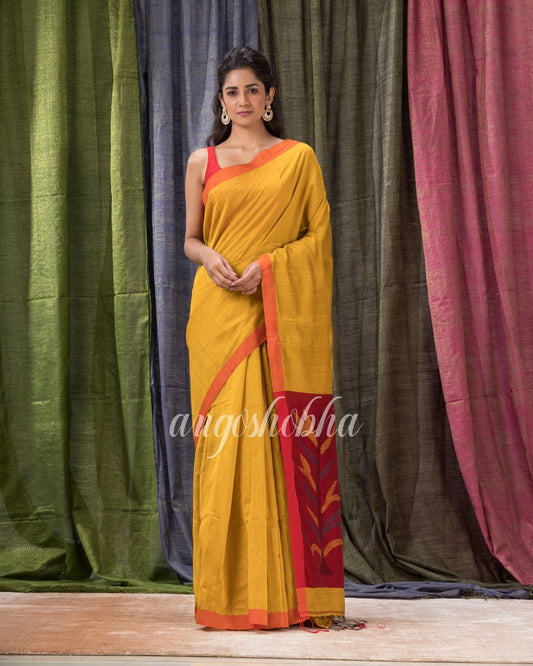 Golden Yellow Cotton Blend Traditional Jamdani Saree angoshobha