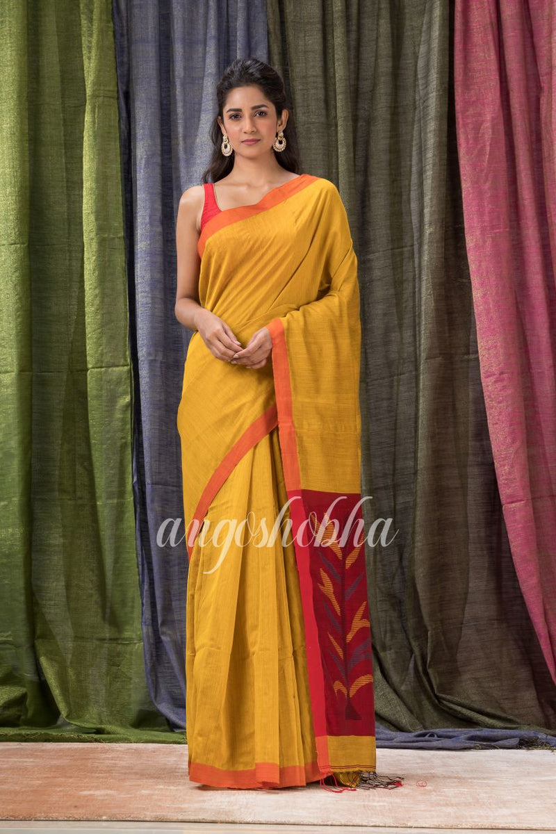 Golden Yellow Cotton Blend Traditional Jamdani Saree