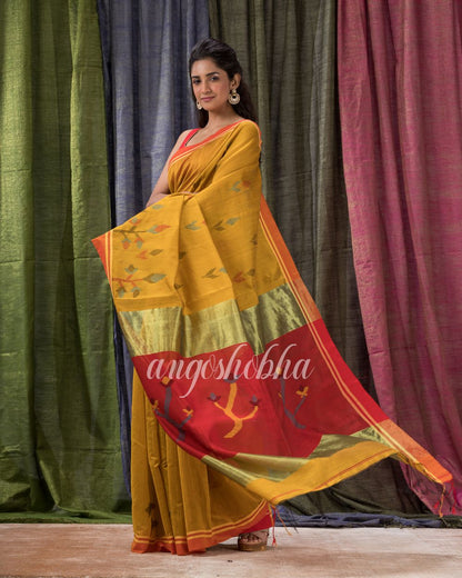 Golden Yellow Cotton Blend Traditional Jamdani Saree angoshobha