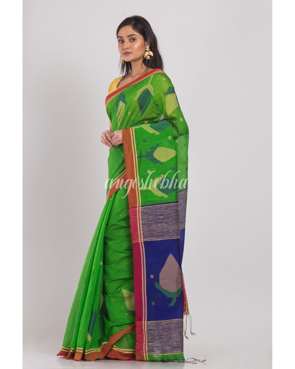 Green Blended Cotton Jamdani Saree angoshobha