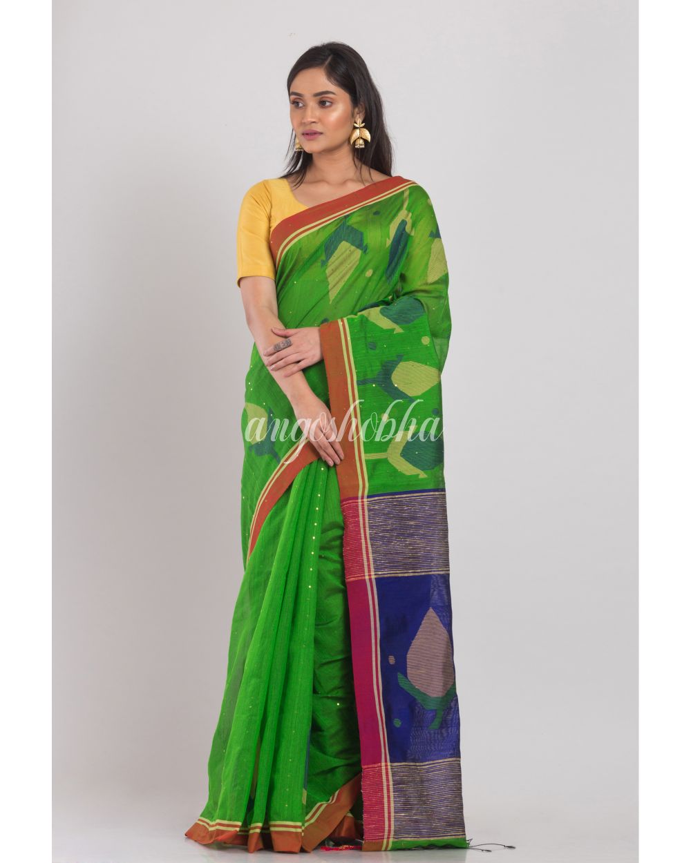 Green Blended Cotton Jamdani Saree angoshobha