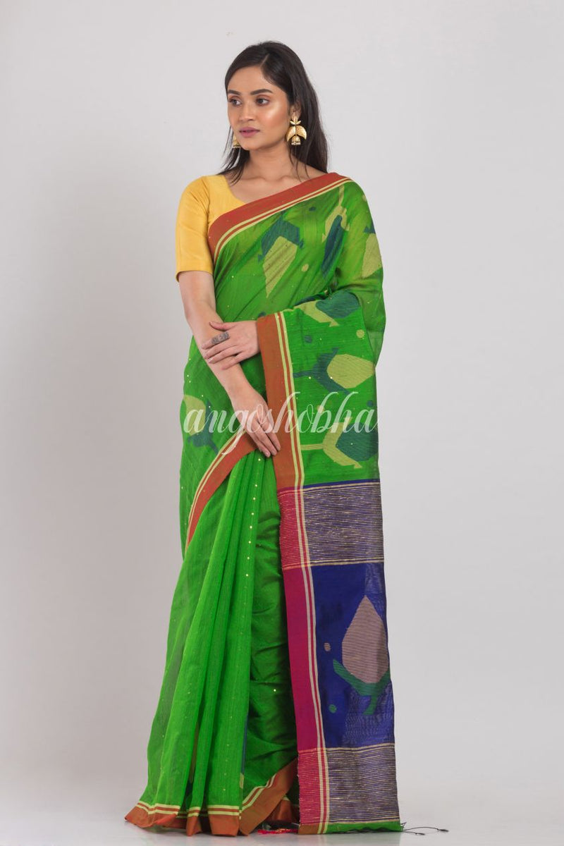 Green Blended Cotton Jamdani Saree