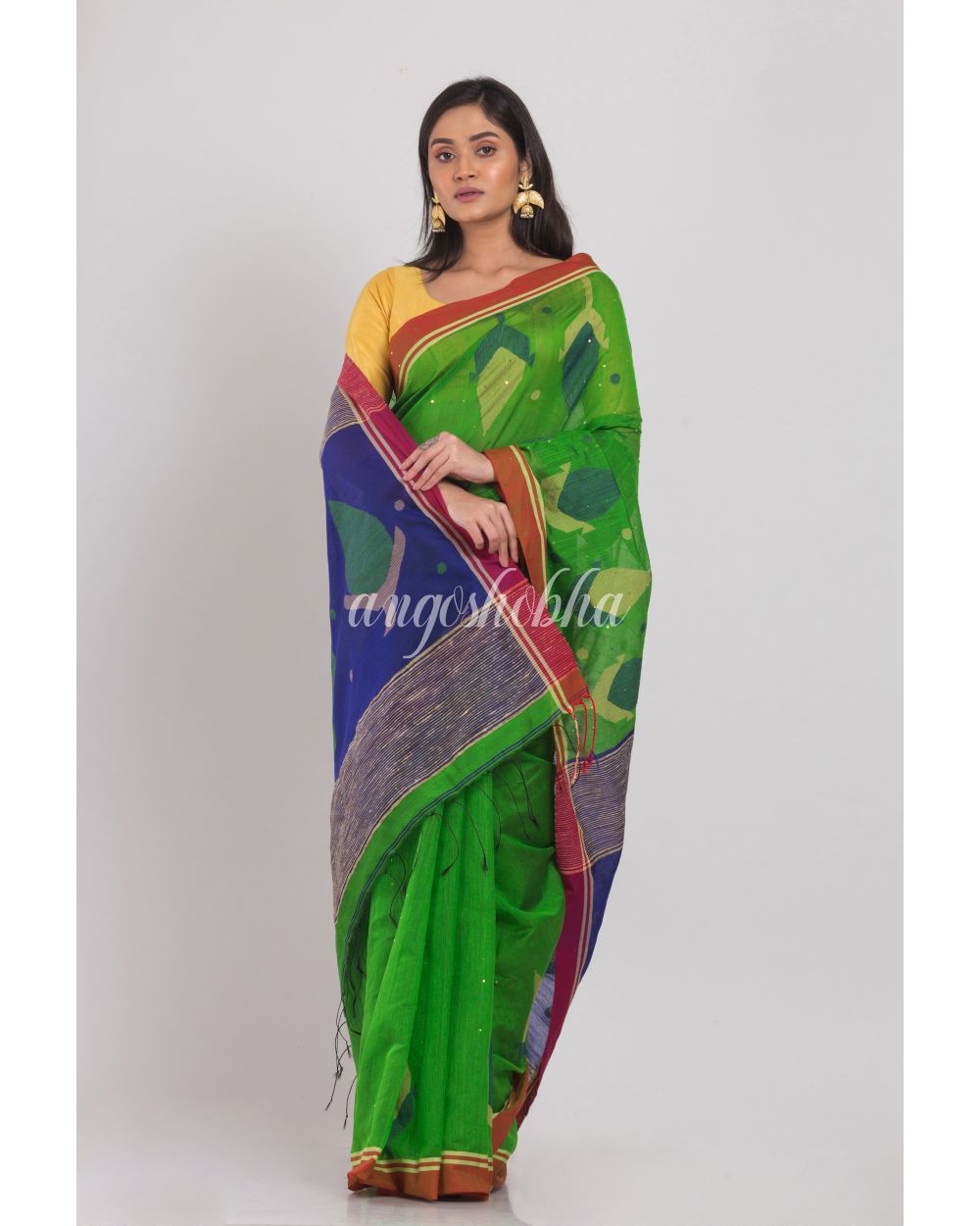 Green Blended Cotton Jamdani Saree angoshobha
