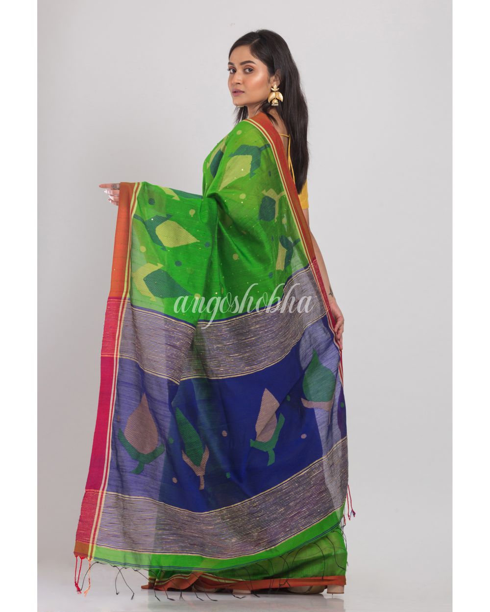 Green Blended Cotton Jamdani Saree angoshobha
