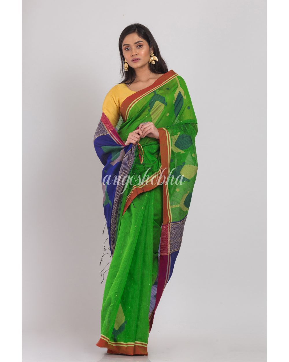 Green Blended Cotton Jamdani Saree angoshobha