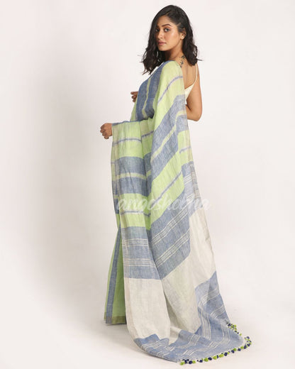 Green Blue Traditional Handloom Check Linen Saree angoshobha