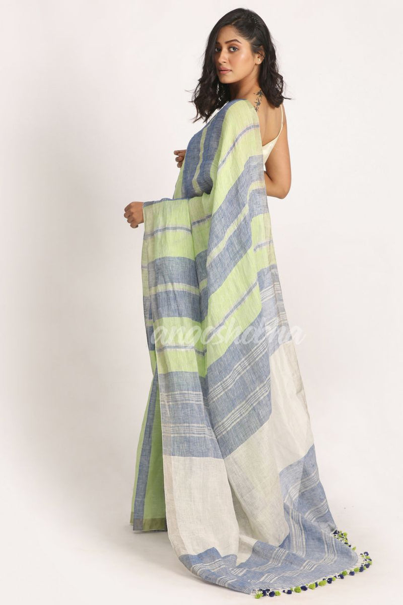 Green Blue Traditional Handloom Check Linen Saree