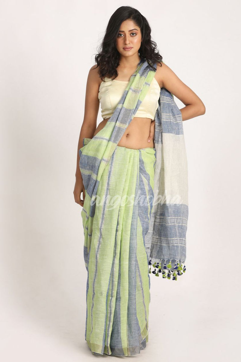 Green Blue Traditional Handloom Check Linen Saree
