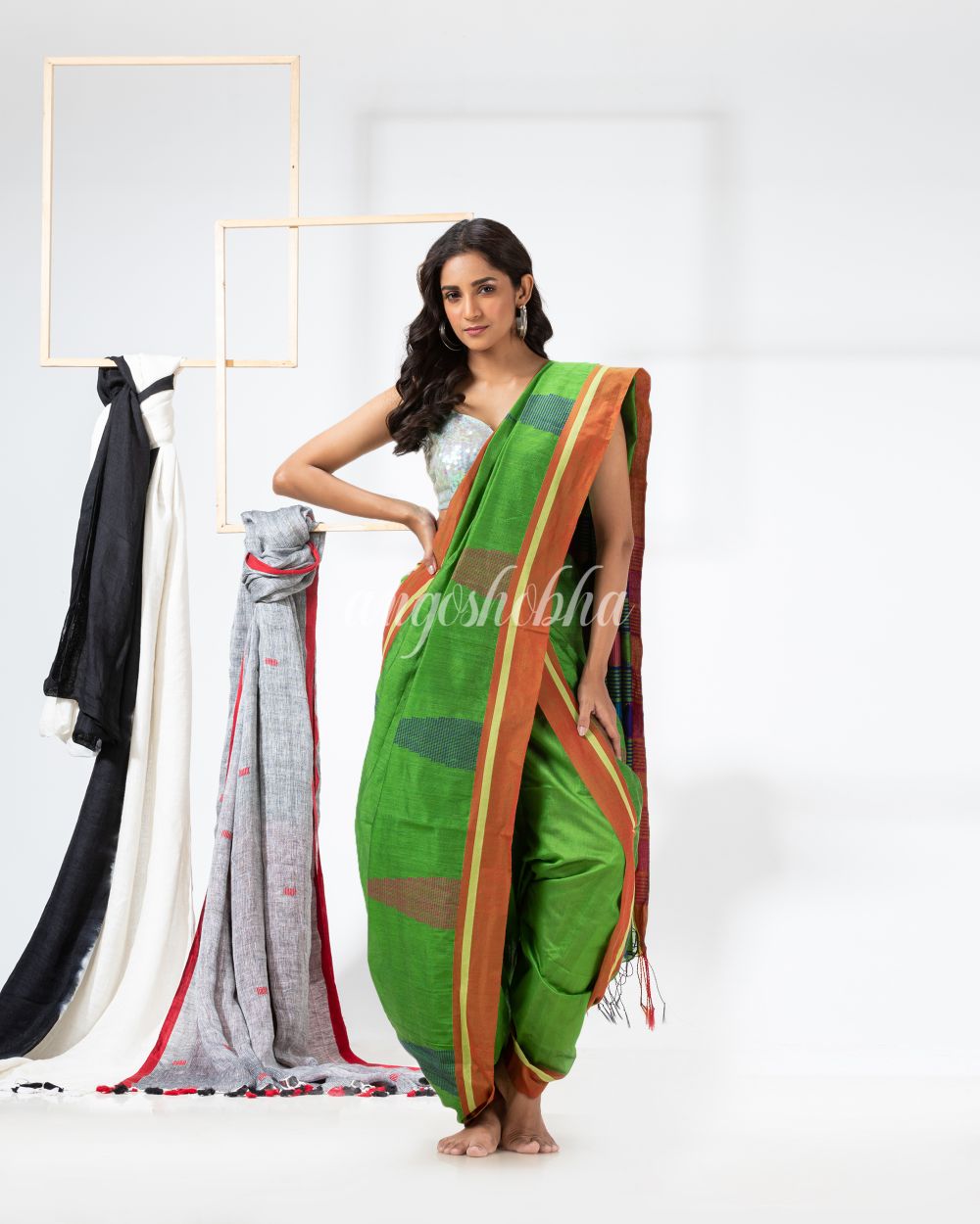 Green Cotton Blend Festive Jamdani Saree angoshobha
