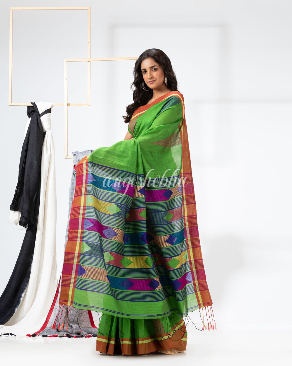 Green Cotton Blend Festive Jamdani Saree angoshobha