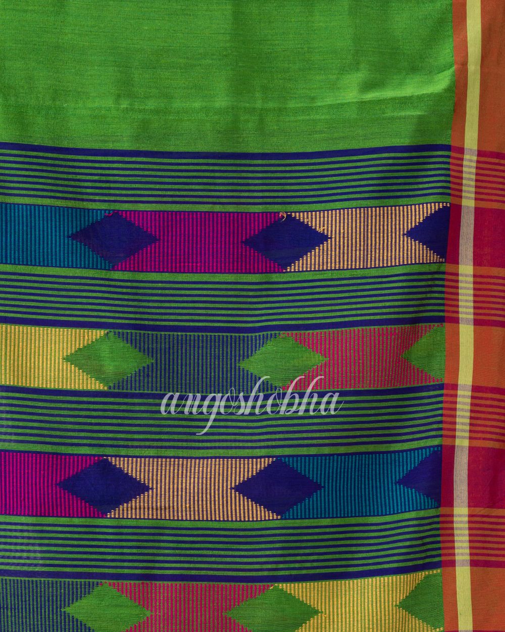 Green Cotton Blend Festive Jamdani Saree angoshobha