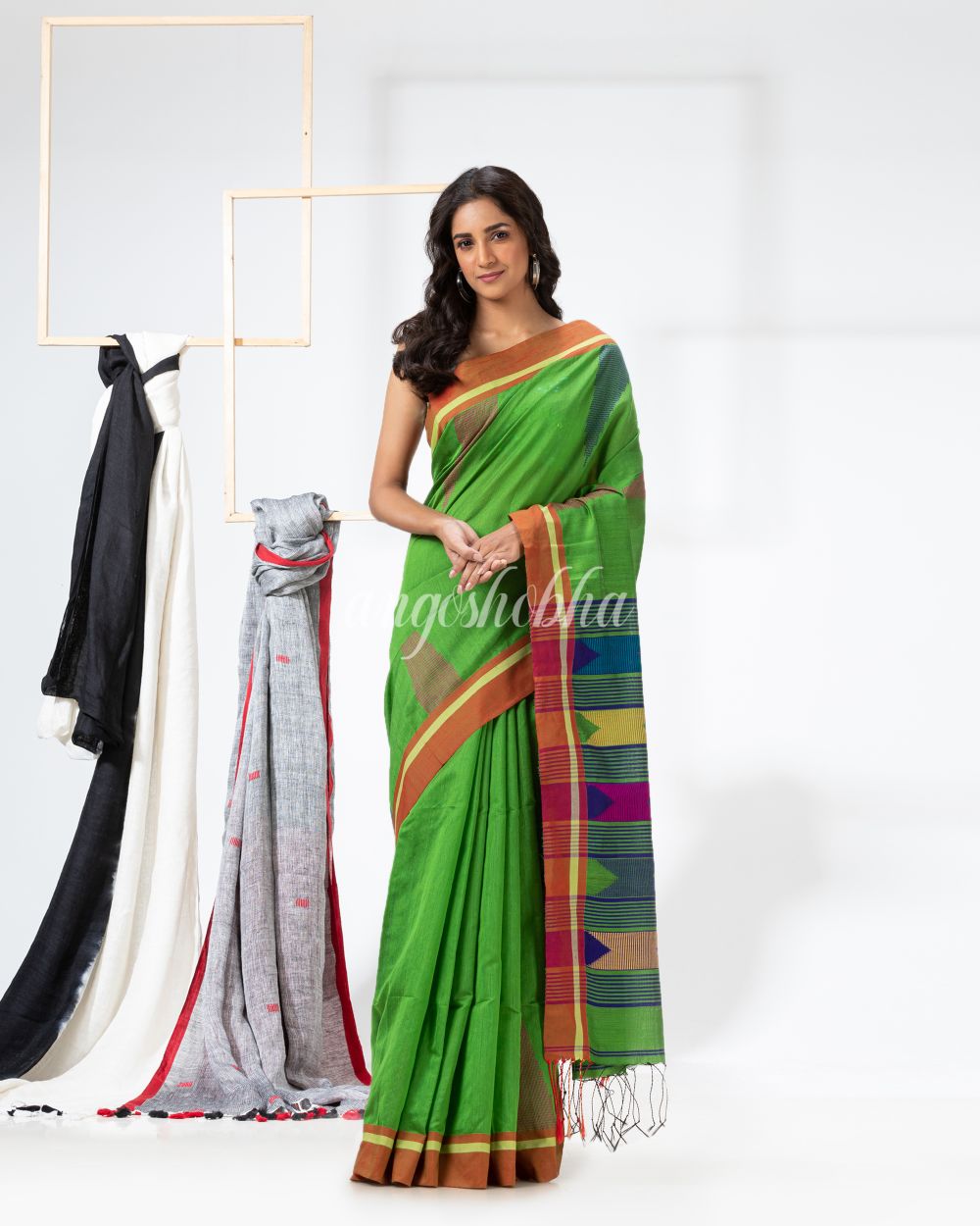 Green Cotton Blend Festive Jamdani Saree angoshobha
