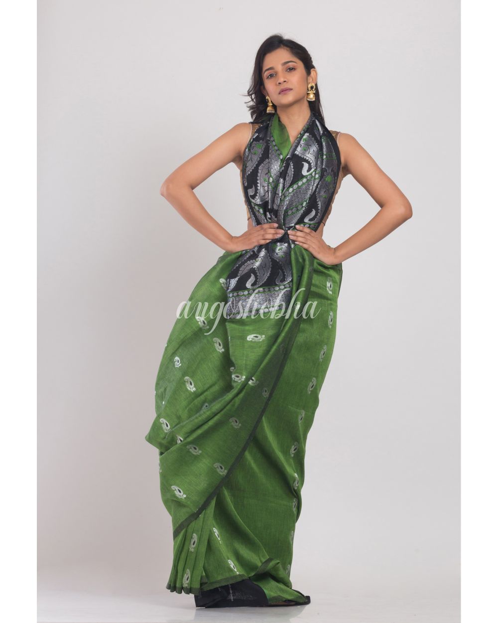 Green Cotton Linen Handloom Saree angoshobha