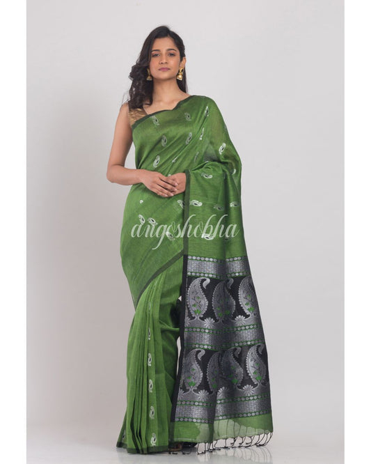 Green Cotton Linen Handloom Saree angoshobha