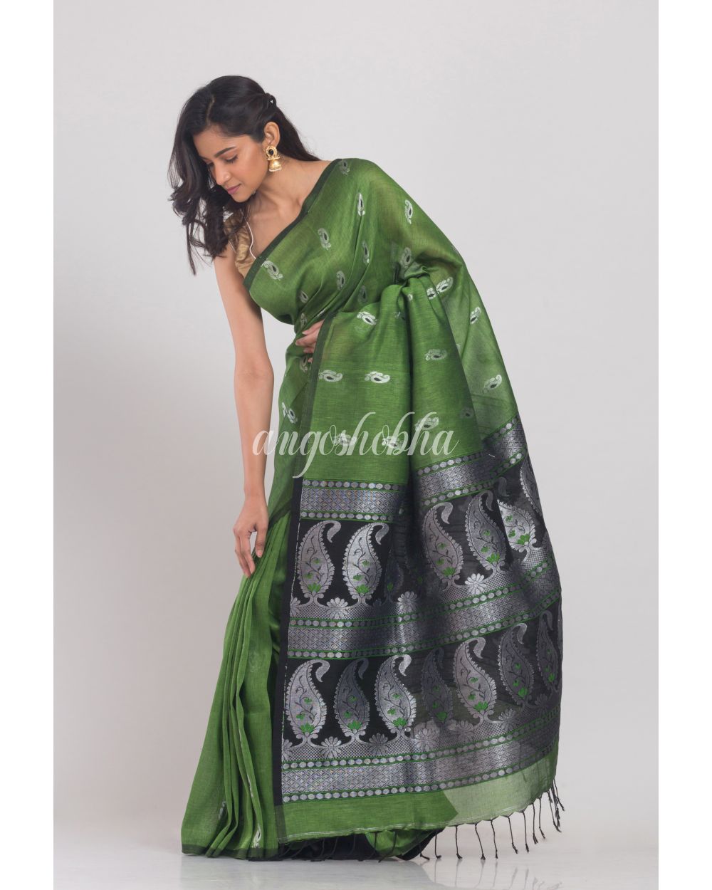 Green Cotton Linen Handloom Saree angoshobha