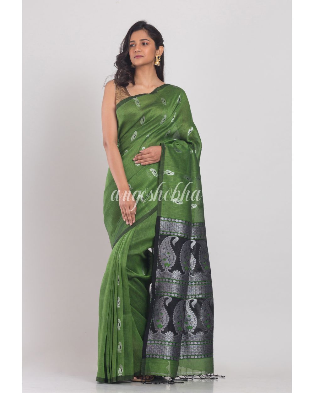 Green Cotton Linen Handloom Saree angoshobha