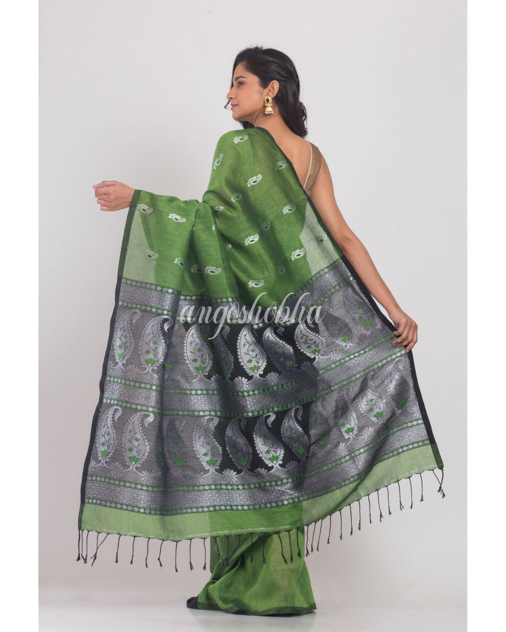 Green Cotton Linen Handloom Saree angoshobha