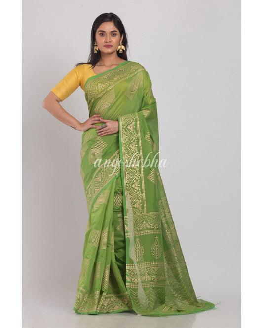 Green Handloom Cotton Silk Festive Saree angoshobha