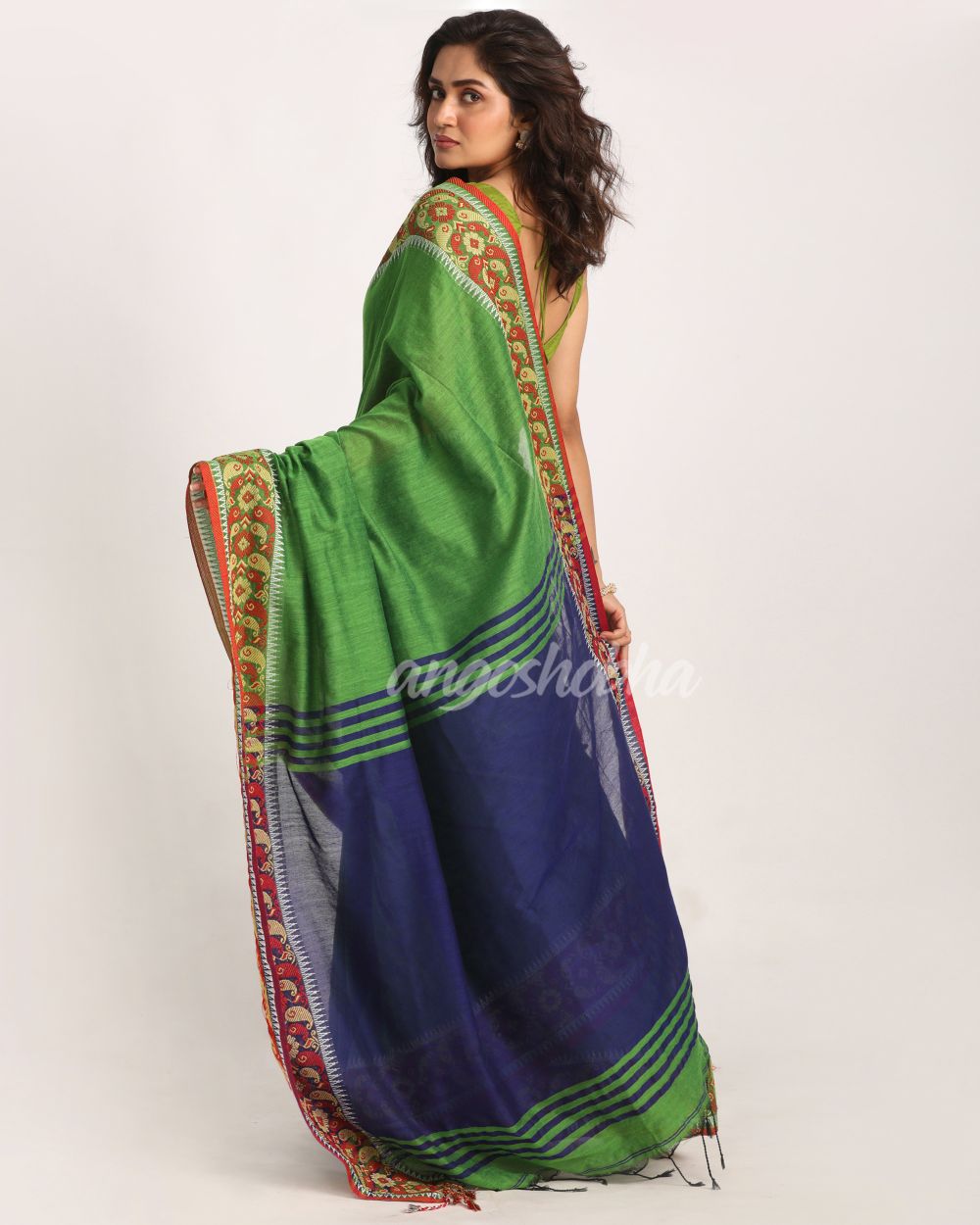 Green Handloom Cotton Tangail Saree angoshobha