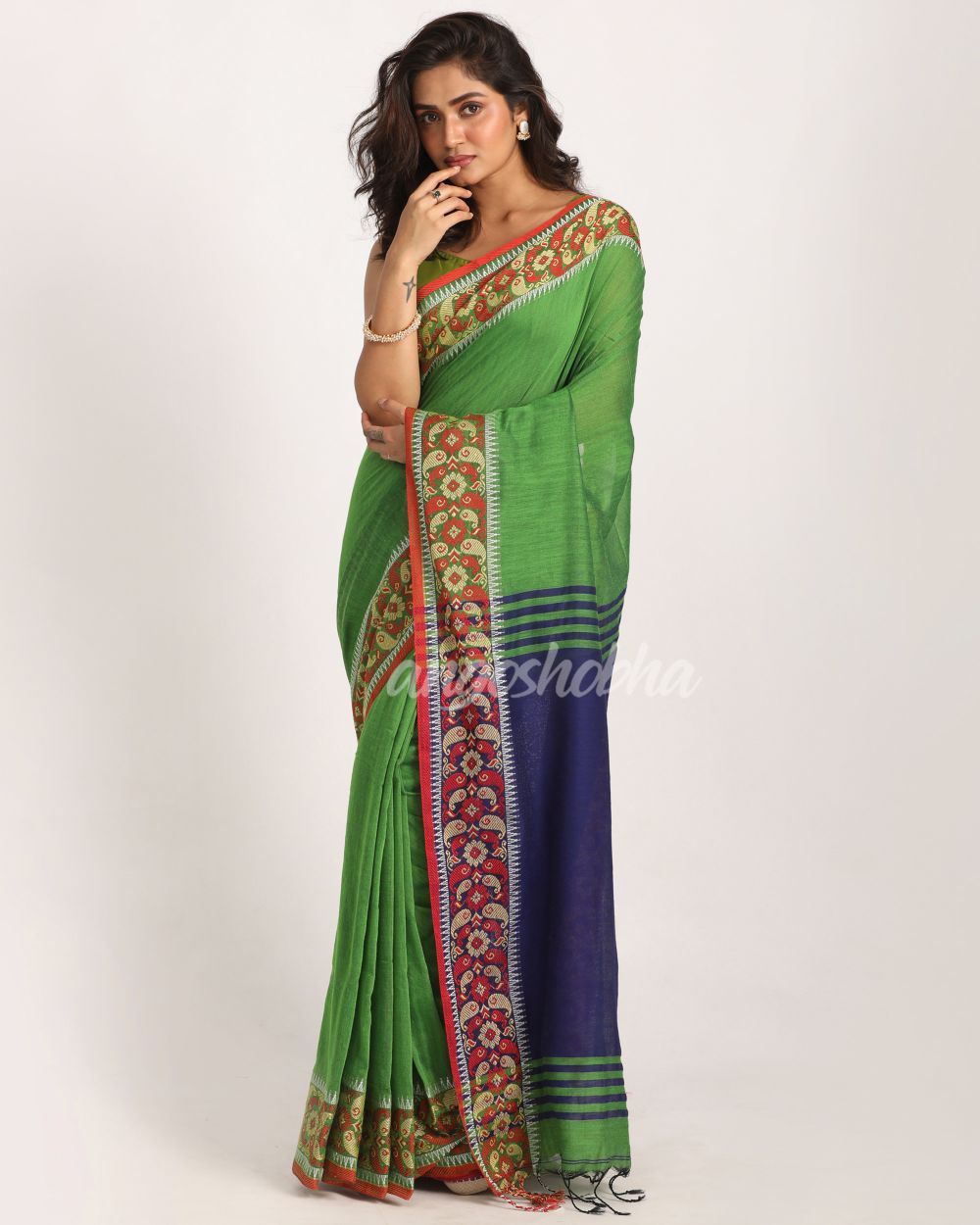 Green Handloom Cotton Tangail Saree angoshobha