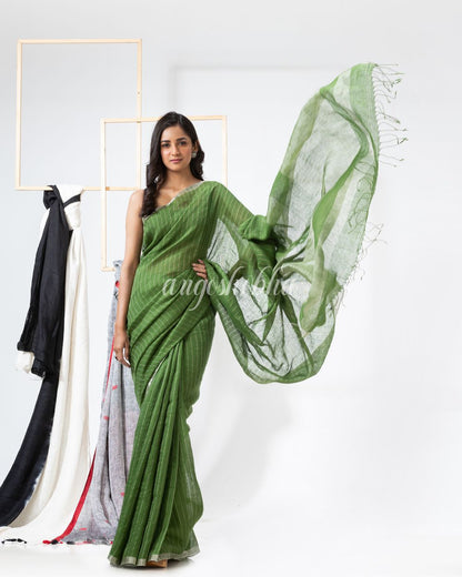 Green Handloom Linen Saree angoshobha