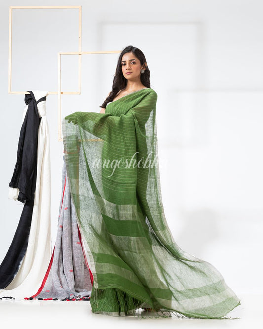 Green Handloom Linen Saree angoshobha