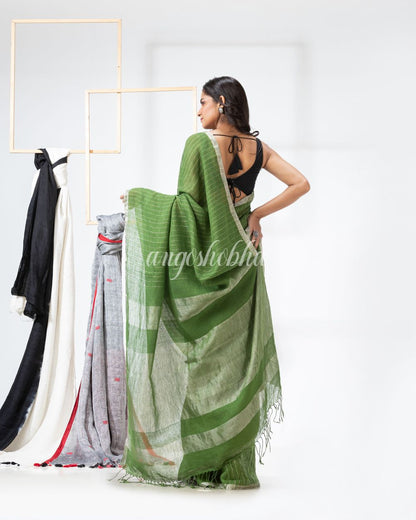 Green Handloom Linen Saree angoshobha