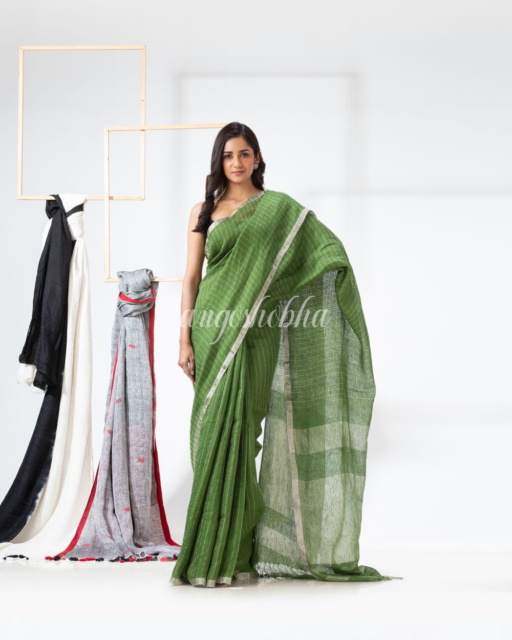 Green Handloom Linen Saree angoshobha