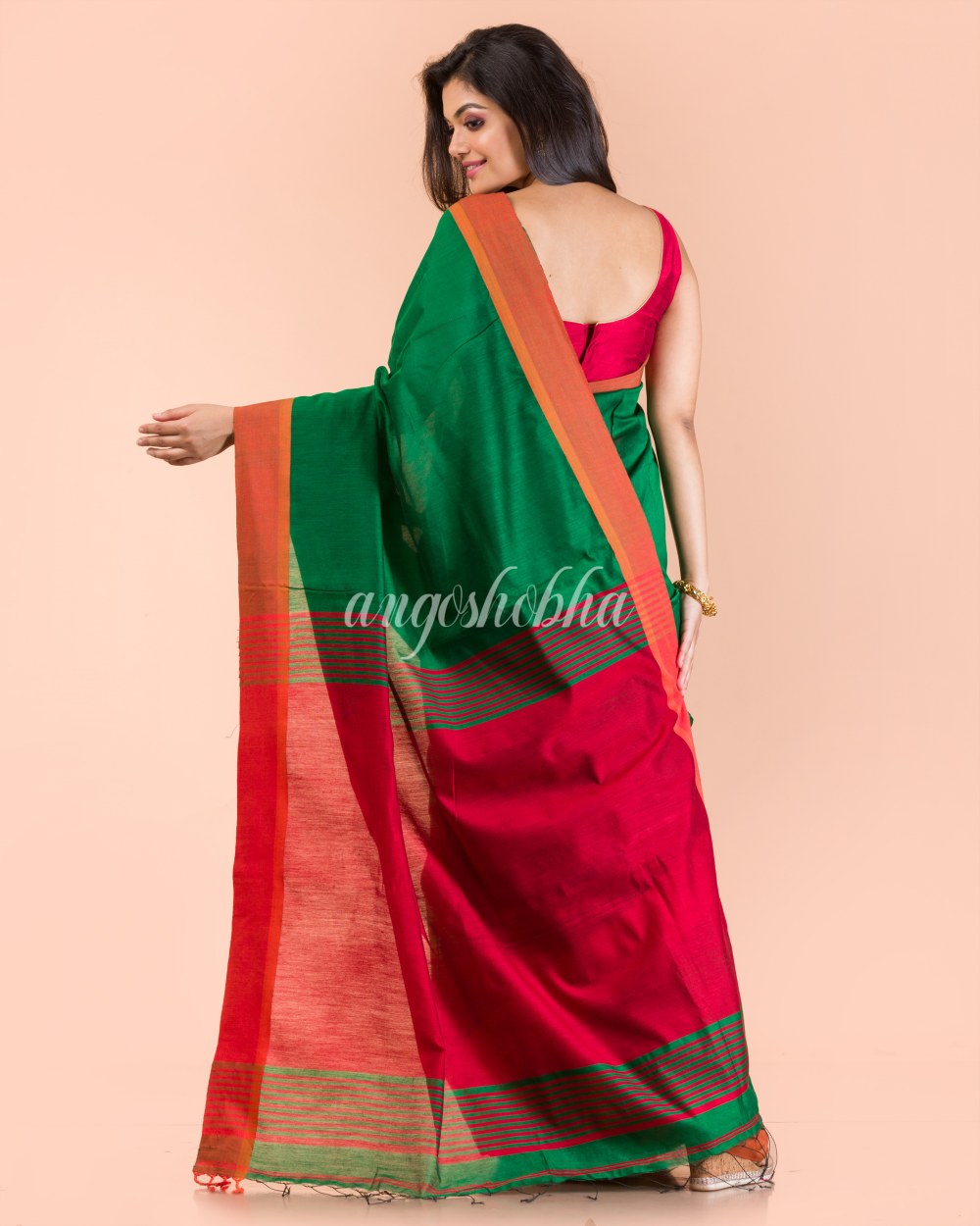 Green Handwoven Blended Cotton Saree angoshobha