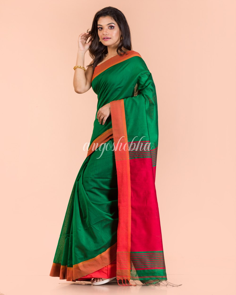 Green Handwoven Blended Cotton Saree angoshobha