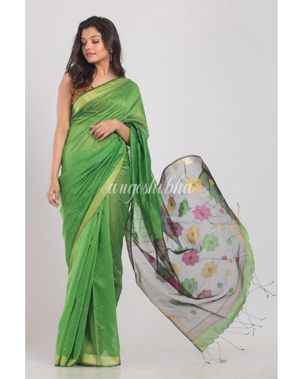 Green Handwoven Cotton Silk Saree angoshobha