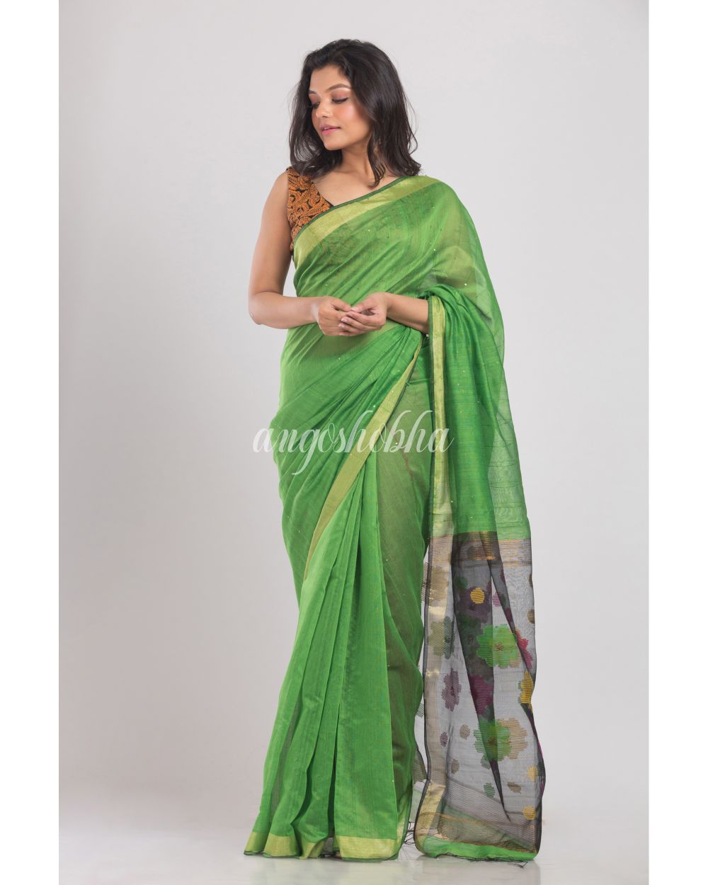 Green Handwoven Cotton Silk Saree angoshobha