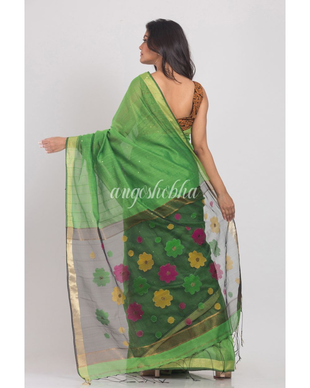 Green Handwoven Cotton Silk Saree angoshobha