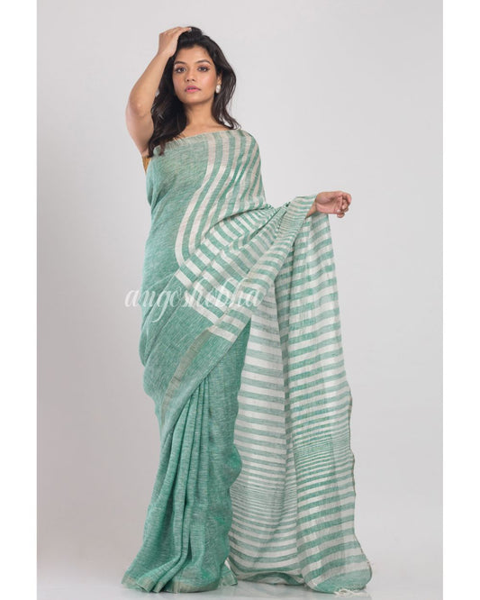 Green Handwoven Linen Saree angoshobha